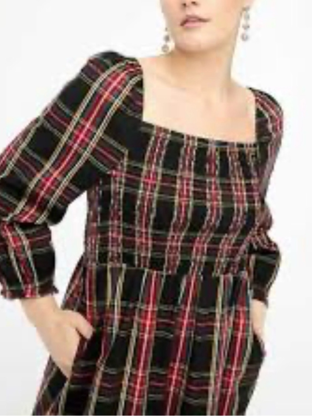 J. Crew Factory Red and Black Plaid Smocked Midi Dress
